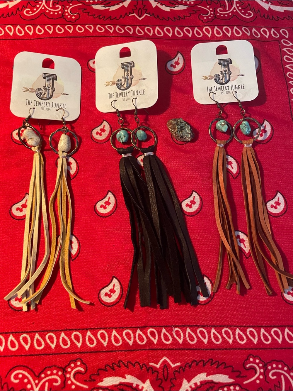 THREE Turquoise Drop Tassle Fringe Earrings - Black, Brown, Cream